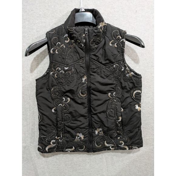 Life Style Vest Women's Small Black Embroidered Mock Neck Pocket Puffed Full Zip - Picture 1 of 7